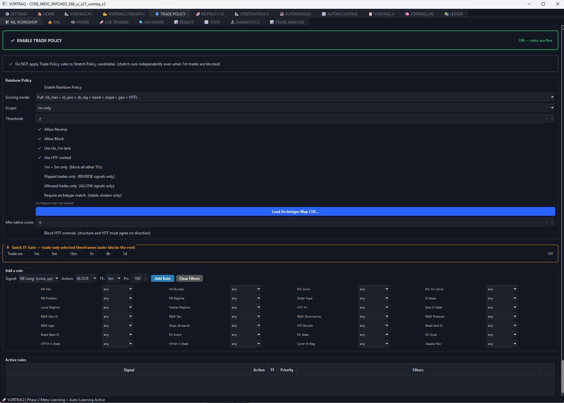 Vortraq Trade Policy screenshot — Rainbow Policy and rule builder with filter dropdowns